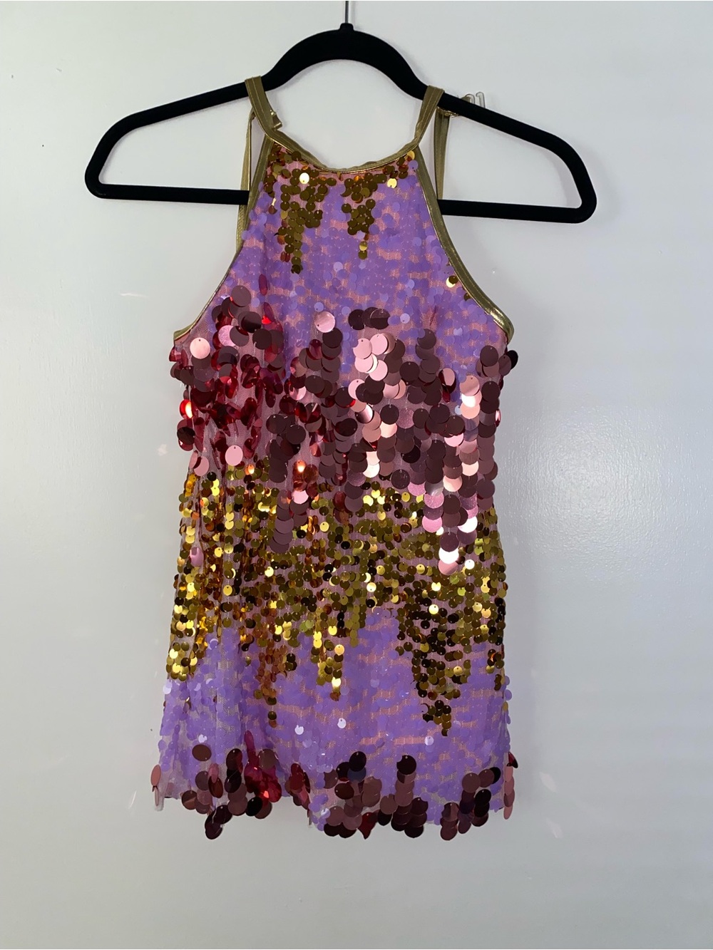 Lavender Sequin Halter Mini Kids Dance Dress with Gold Accents